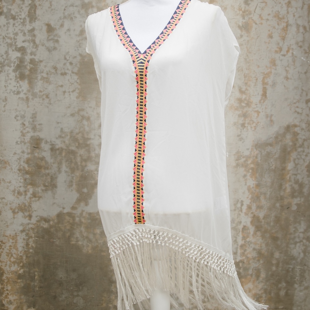 Warehouse | White Swim Suit Cover Up with Fringe